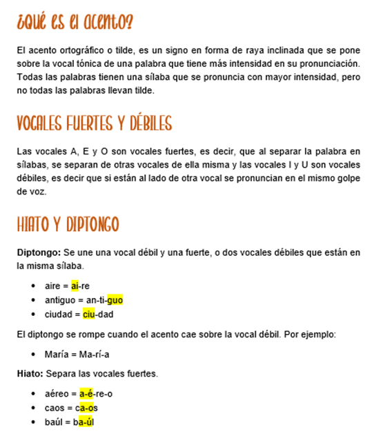 Explicación de que es el acento, vocales fuertes y débiles, diptongo y hiato.